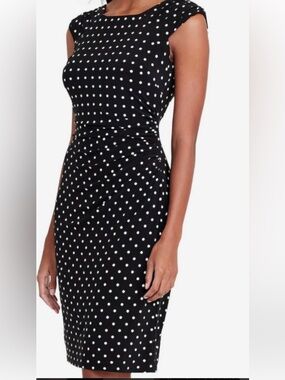 Lauren Ralph Lauren~Black/White Polka Dot~Faux Wrap~Ruched~Sheath Dress~Size 10